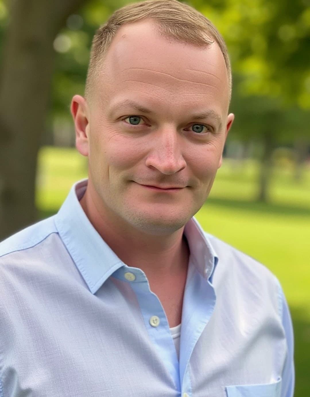 Stephan Hilmer im Porträt, im hellblauen Hemd im Park